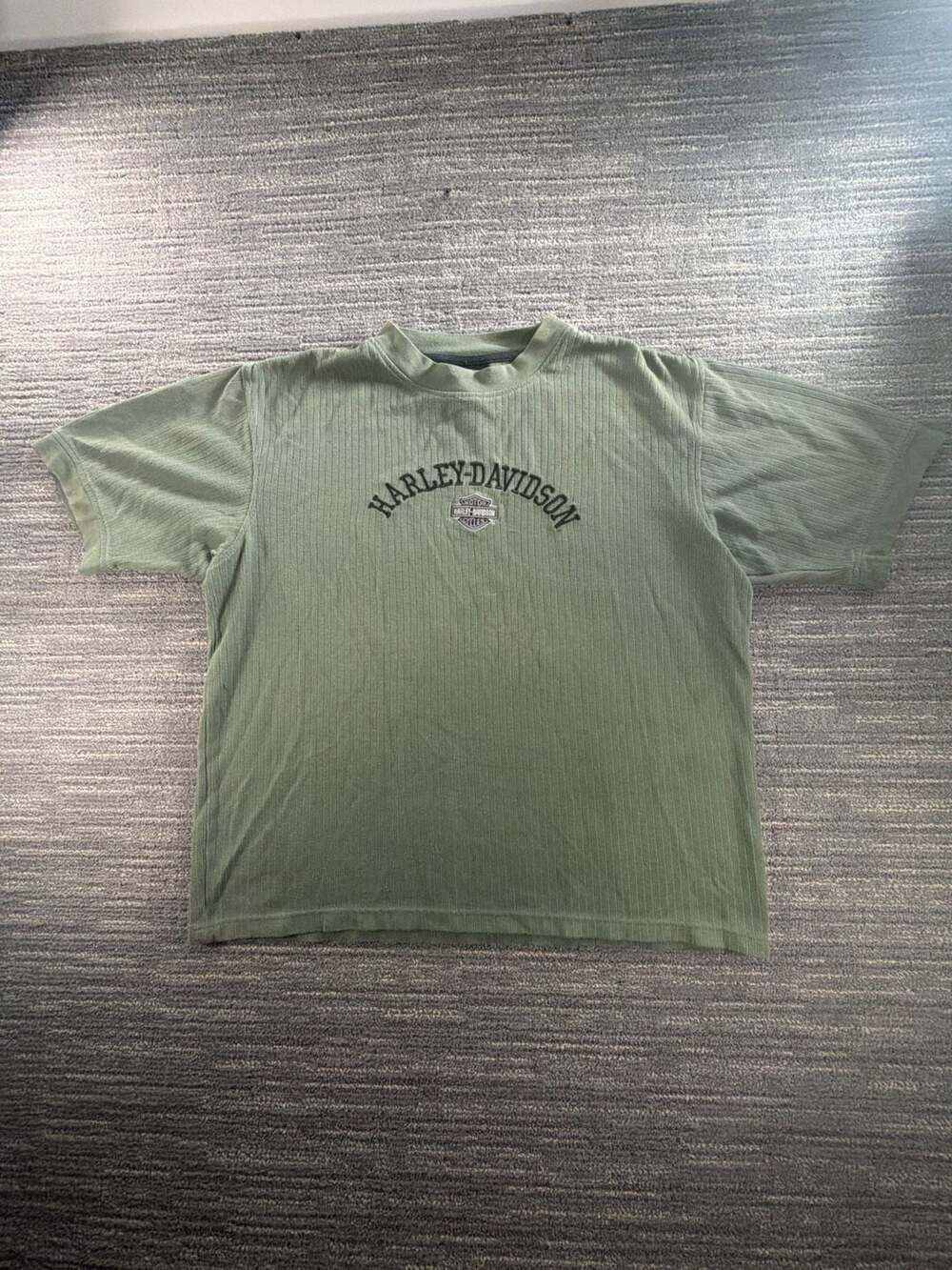 Vintage Harley-Davidson Ribbed Knit Short Sleeve T-Shirt Olive Green Medina Ohio